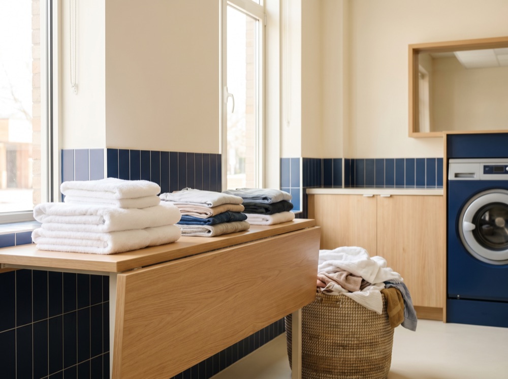 Neatly folded laundry and clean towels stacked on a warm wood counter