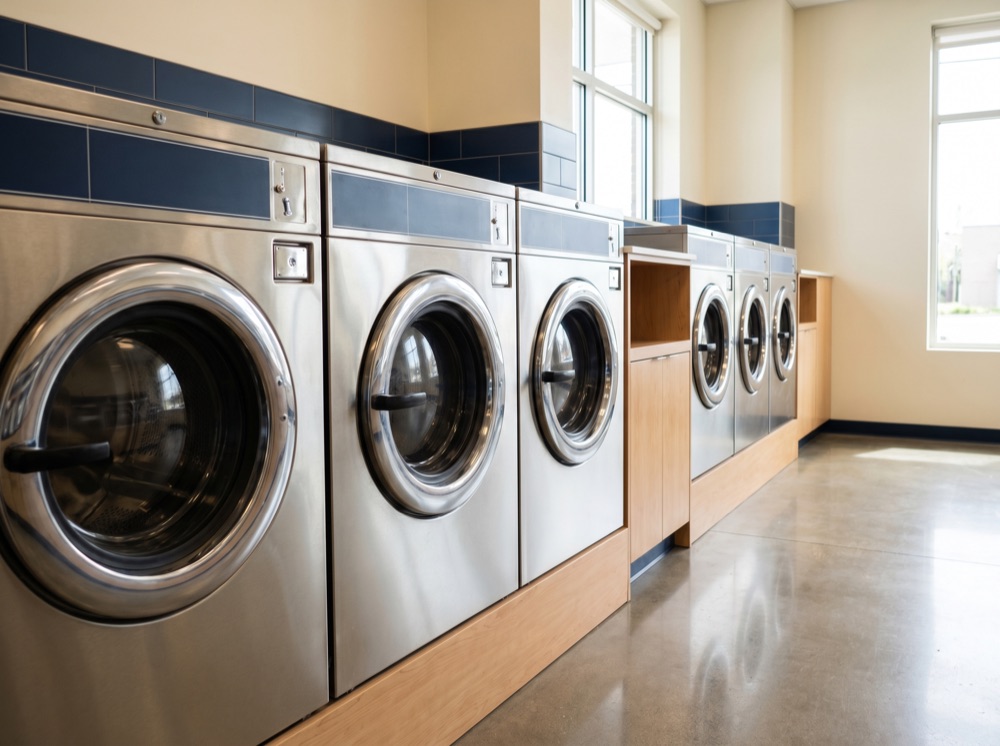 Row of stainless steel front-loading washing machines in a bright laundromat
